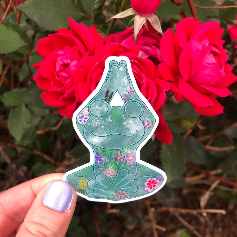 Meditating Frog Sticker: Yoga Flower Frog Art Decal